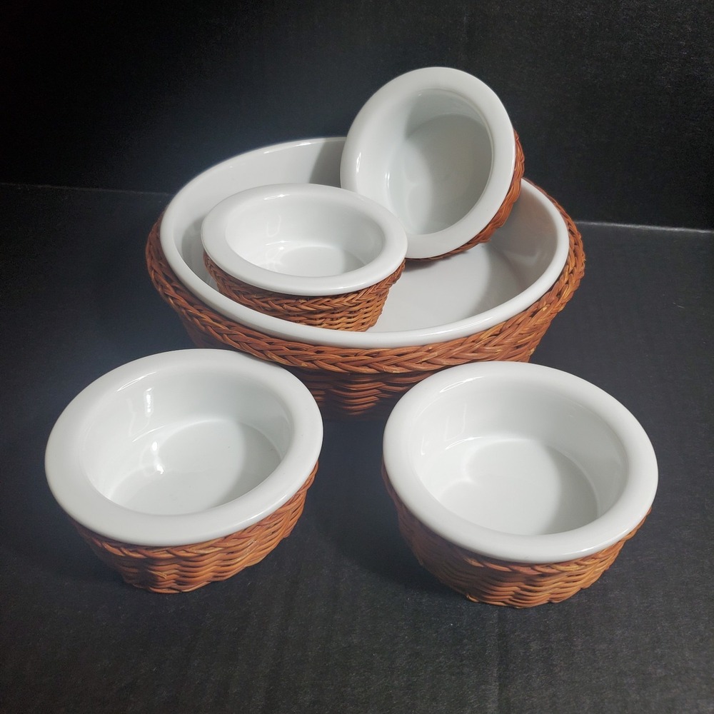 Pier 1 - Set Of 4 White‎ Ramekins & 8" Pie Dish With Brown Wicker Basket Holders